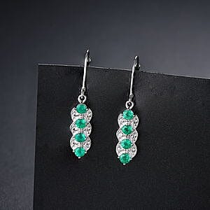Emerald and White Zircon 0.94 ctw Earrings in Rhodium Over Sterling Silver