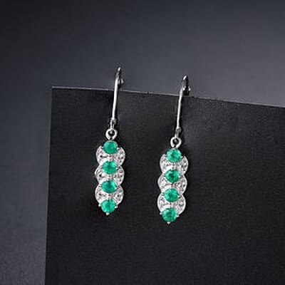 Emerald and White Zircon 0.94 ctw Earrings in Rhodium Over Sterling Silver