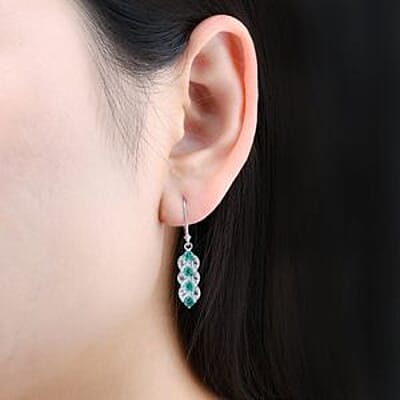 Emerald and White Zircon 0.94 ctw Earrings in Rhodium Over Sterling Silver