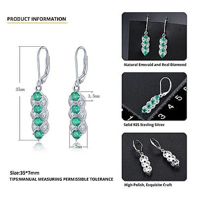 Emerald and White Zircon 0.94 ctw Earrings in Rhodium Over Sterling Silver