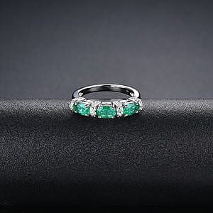 Emerald and White Zircon 1.41 ctw Ring in Rhodium Over Sterling Silver (Size 7)