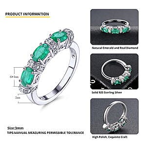 Emerald and White Zircon 1.41 ctw Ring in Rhodium Over Sterling Silver (Size 7)