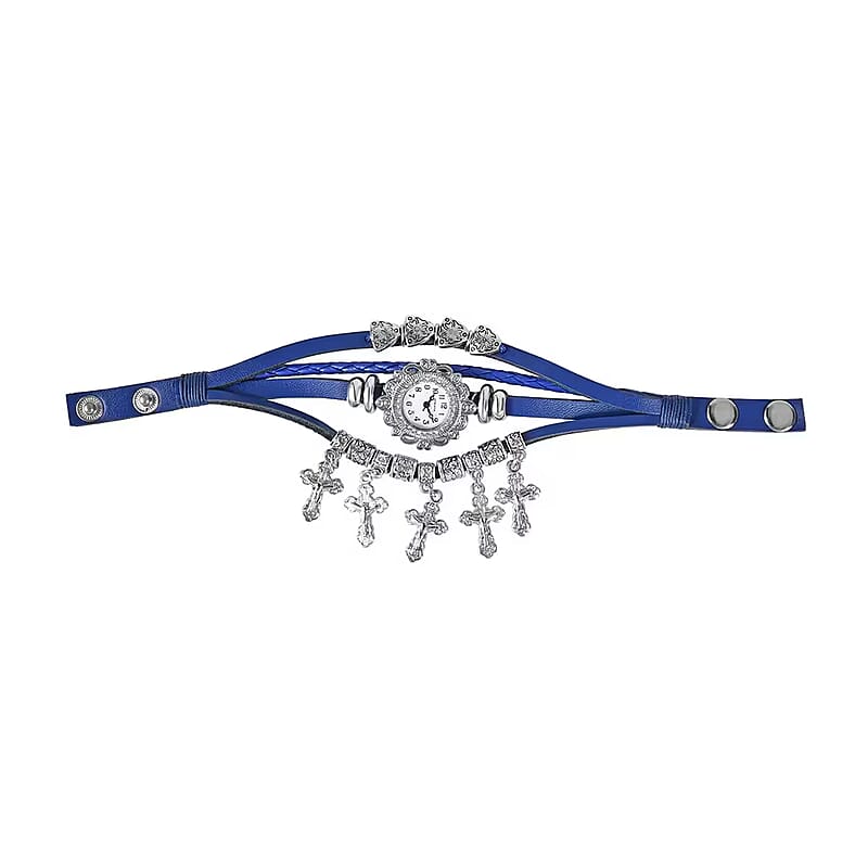 Strada Austrian Crystal Japanese Movement Cross Pattern Multi Layer Bracelet Watch with Leather Strap (8 In-9 In)