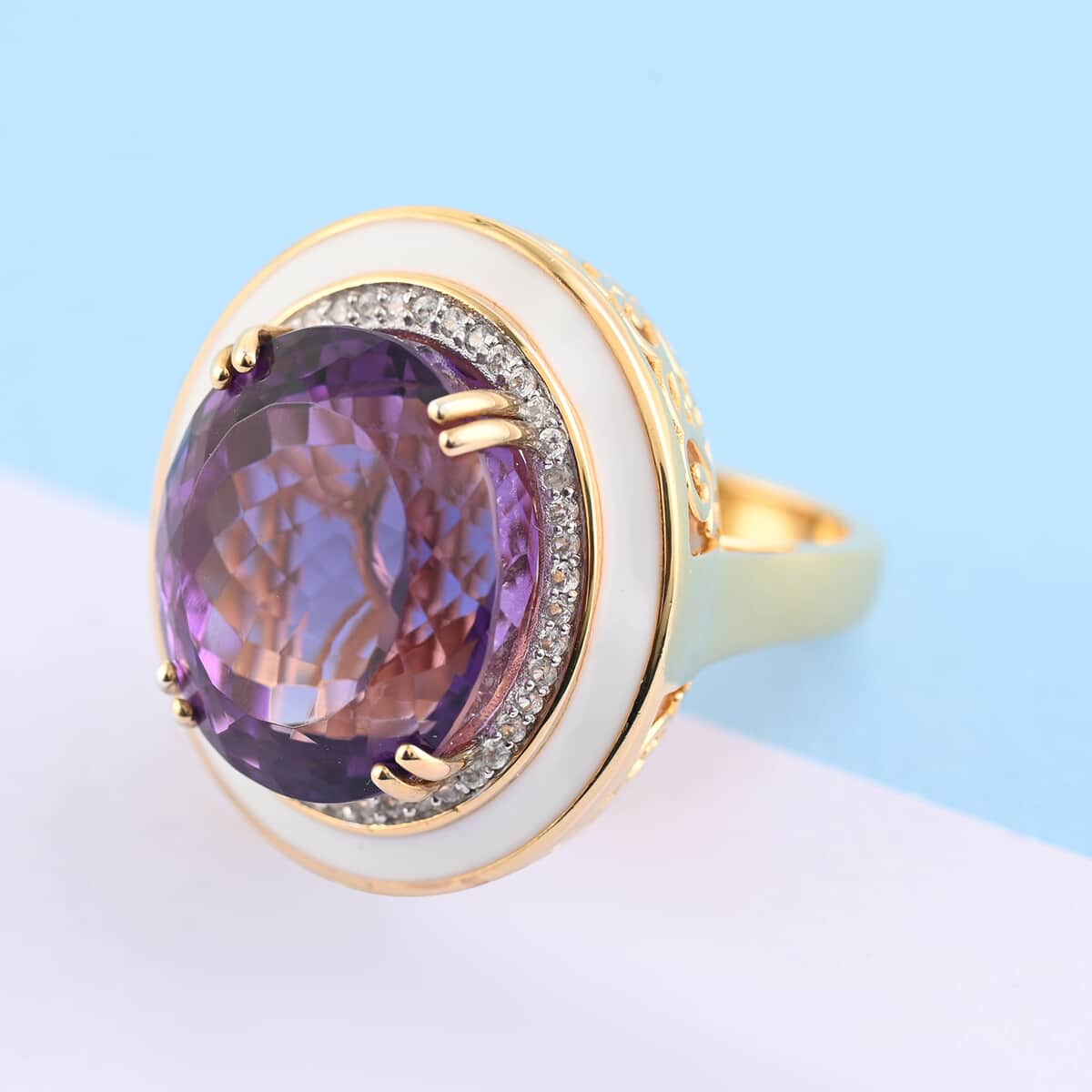 ONE OF A KIND Amethyst and Natural White Zircon Ring in Vermeil Yellow Gold Over Sterling Silver (Size 8.0) 12.10 Grams 28.80 ctw image number 1