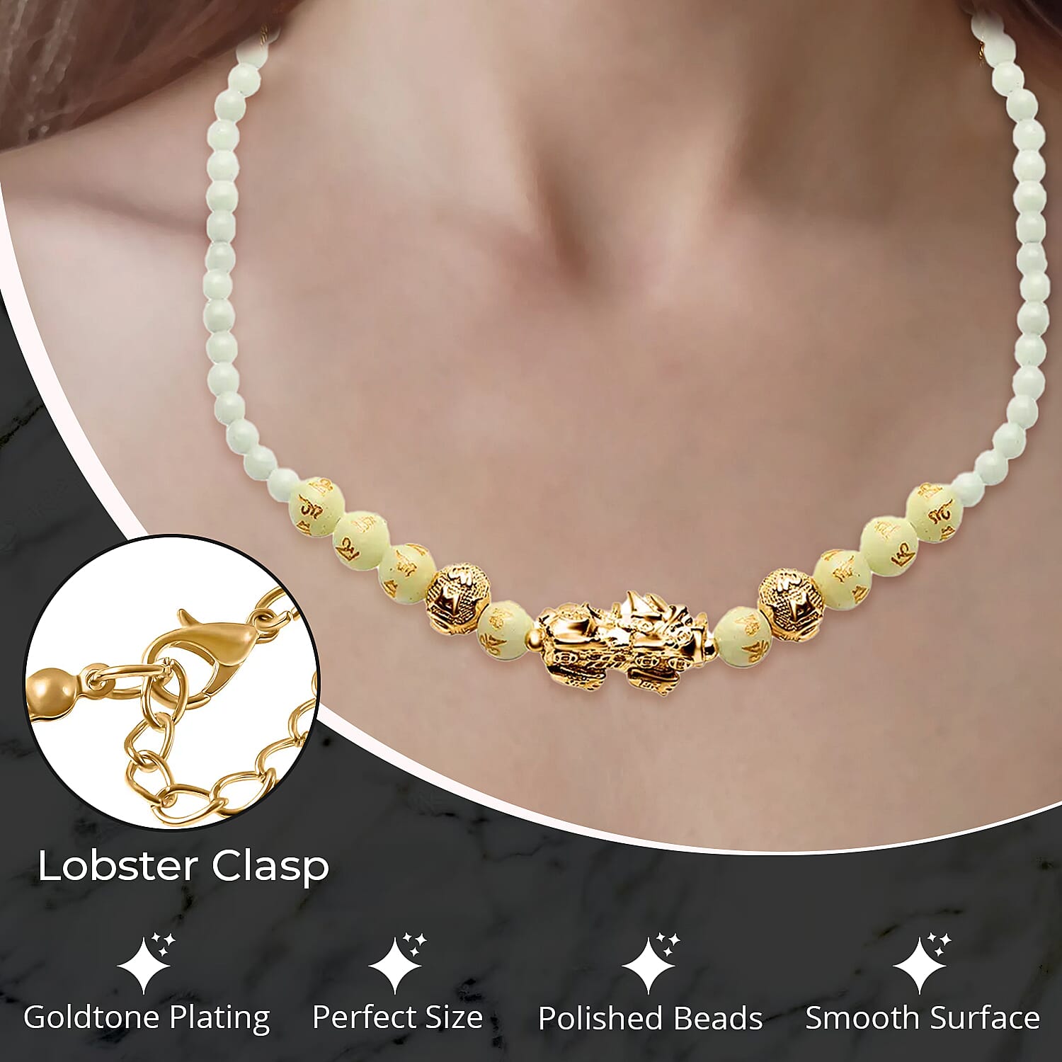 Feng Shui Luminous 173.50 ctw Beaded Pi Xiu Necklace in Goldtone, Bead Necklace For Women, Unique Birthday Gifts (18-20 Inches)