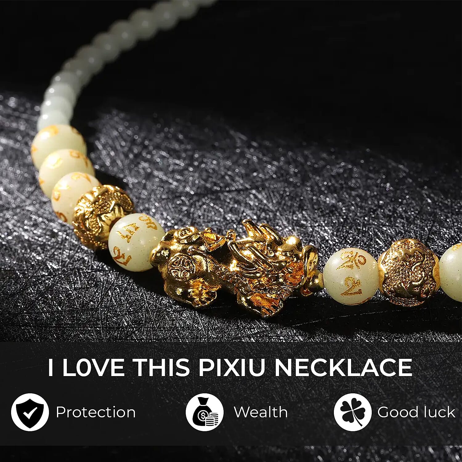 Feng Shui Luminous 173.50 ctw Beaded Pi Xiu Necklace in Goldtone, Bead Necklace For Women, Unique Birthday Gifts (18-20 Inches)