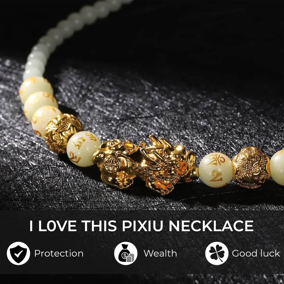 Feng Shui Luminous 173.50 ctw Beaded Pi Xiu Necklace in Goldtone, Bead Necklace For Women, Unique Birthday Gifts (18-20 Inches) image number 3