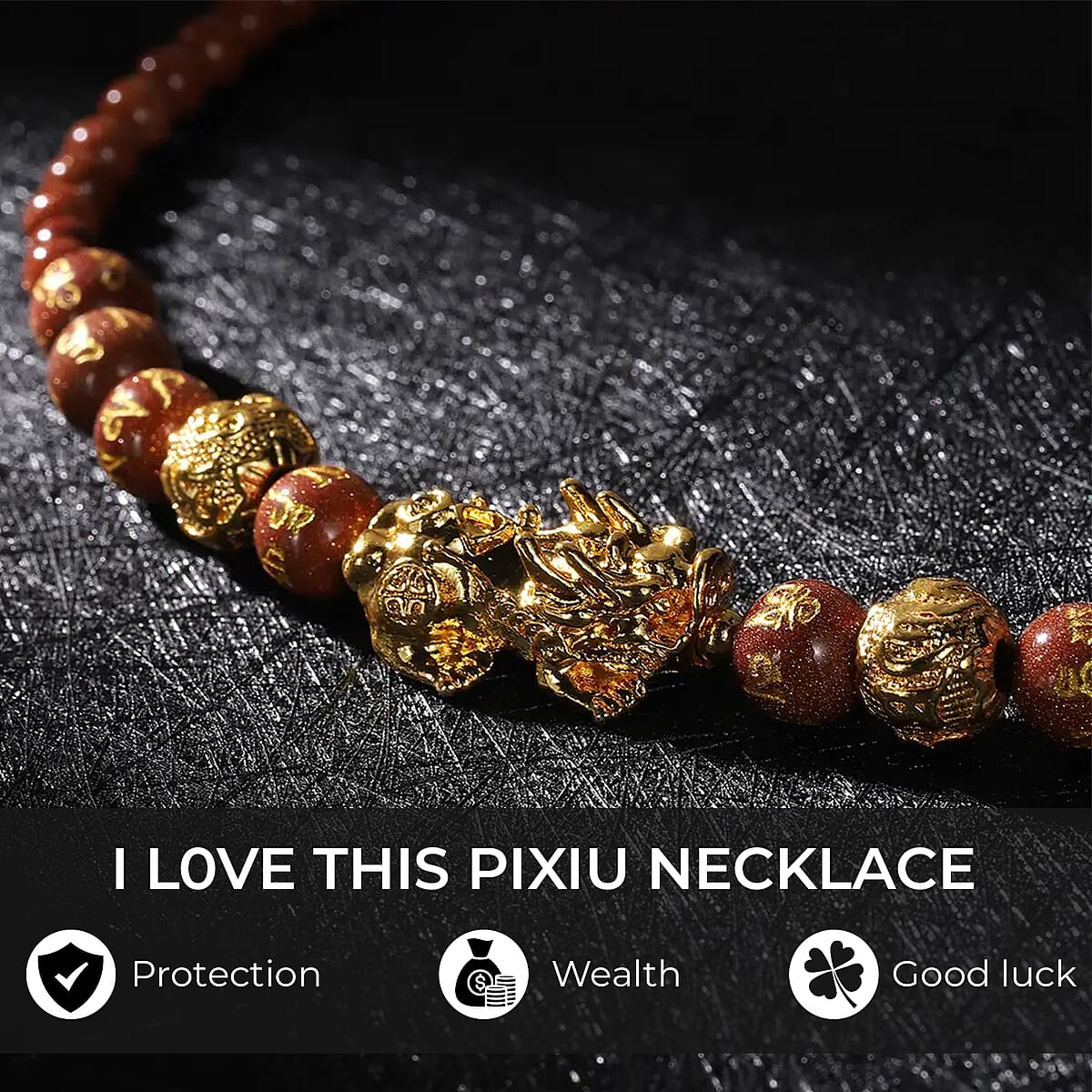 Feng Shui Gold Sandstone 173.50 ctw Beaded Pi Xiu Necklace in Goldtone, Bead Necklace For Women, Unique Birthday Gifts (18-20 Inches) image number 3