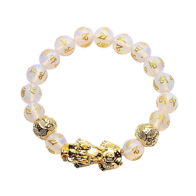 Feng Shui Opalite Carved Beaded Pi Xiu Charm Stretch Bracelet in Goldtone 108.50 ctw