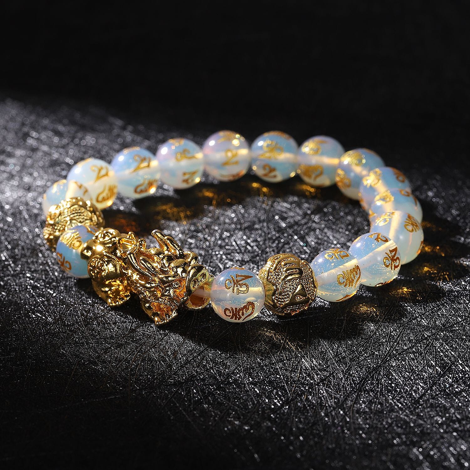 Feng Shui Opalite Carved Beaded Pi Xiu Charm Stretch Bracelet in Goldtone 108.50 ctw