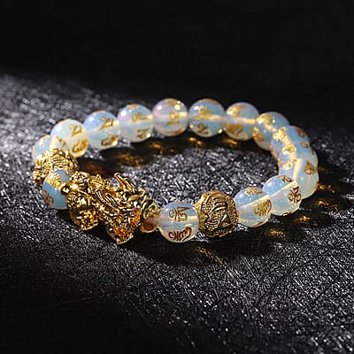 Feng Shui Opalite Carved Beaded Pi Xiu Charm Stretch Bracelet in Goldtone 108.50 ctw