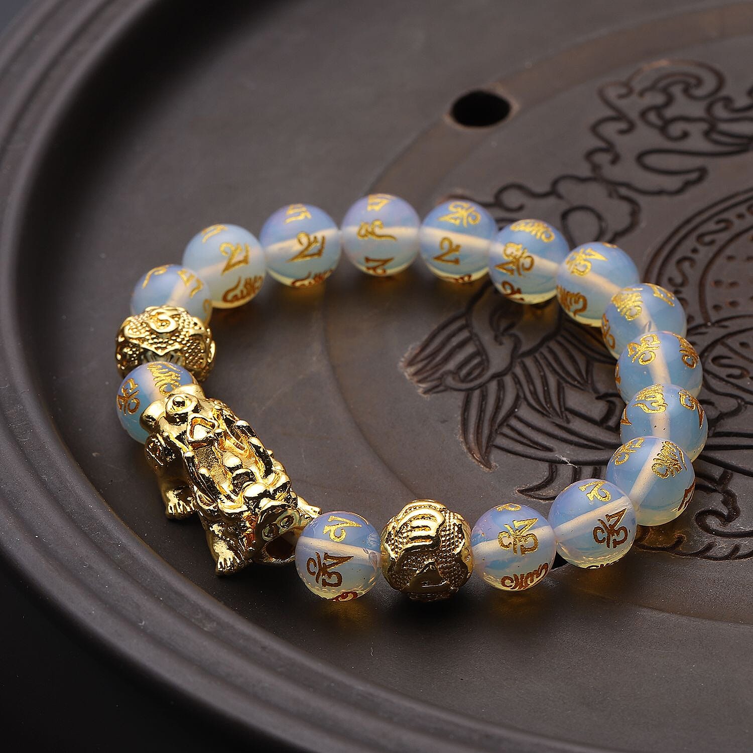 Feng Shui Opalite Carved Beaded Pi Xiu Charm Stretch Bracelet in Goldtone 108.50 ctw