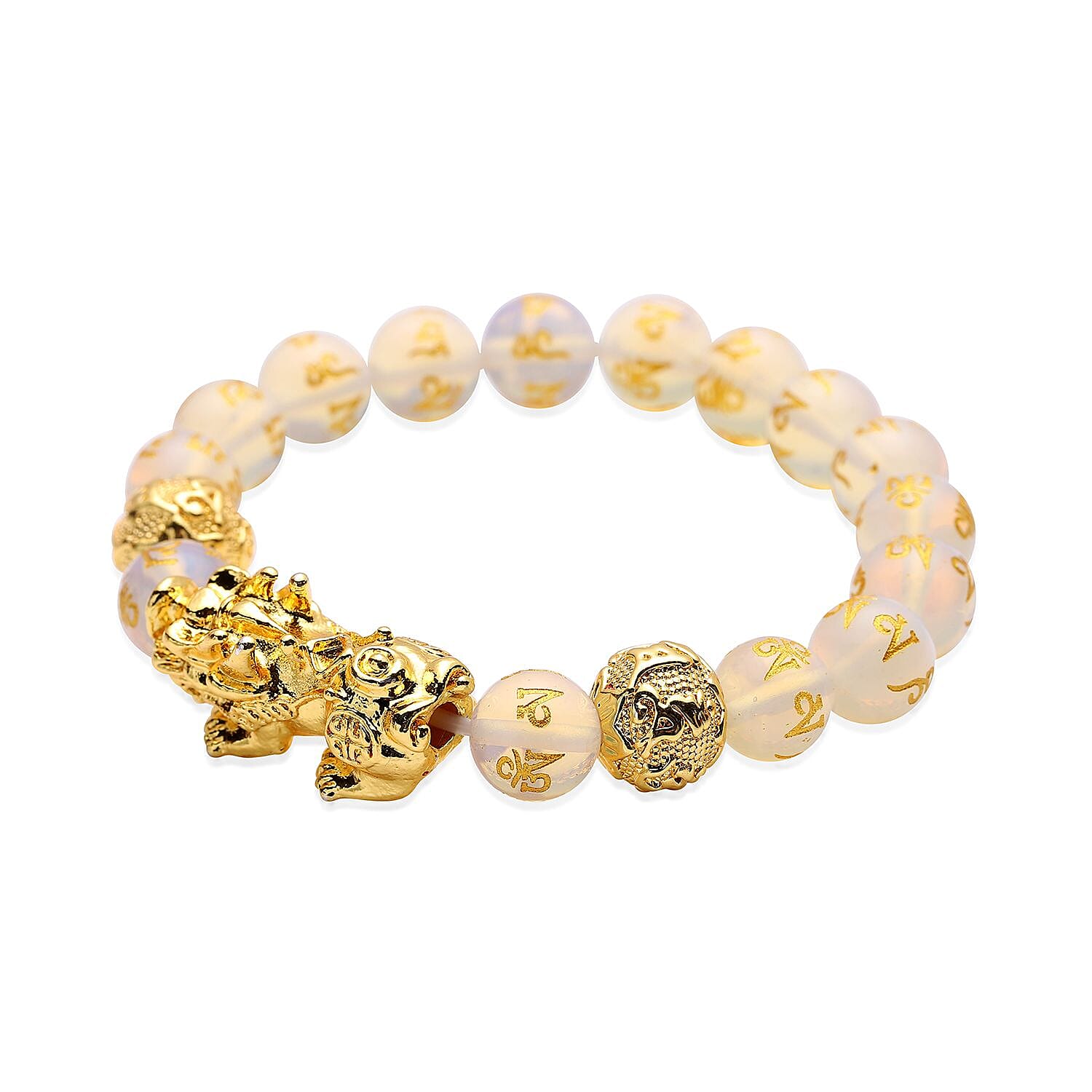 Feng Shui Opalite Carved Beaded Pi Xiu Charm Stretch Bracelet in Goldtone 108.50 ctw