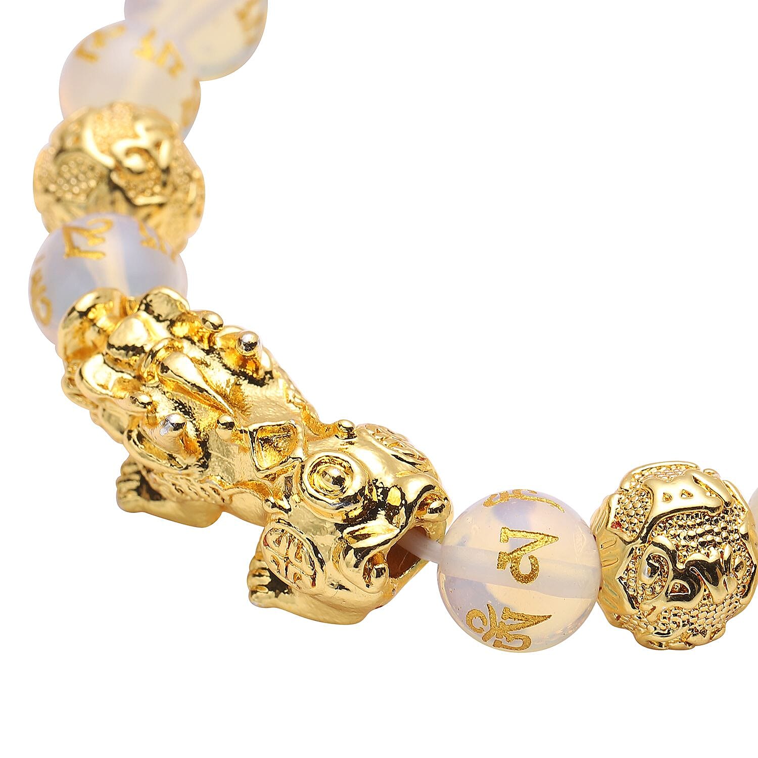 Feng Shui Opalite Carved Beaded Pi Xiu Charm Stretch Bracelet in Goldtone 108.50 ctw