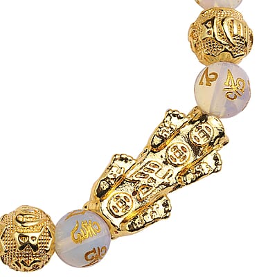Feng Shui Opalite Carved Beaded Pi Xiu Charm Stretch Bracelet in Goldtone 108.50 ctw
