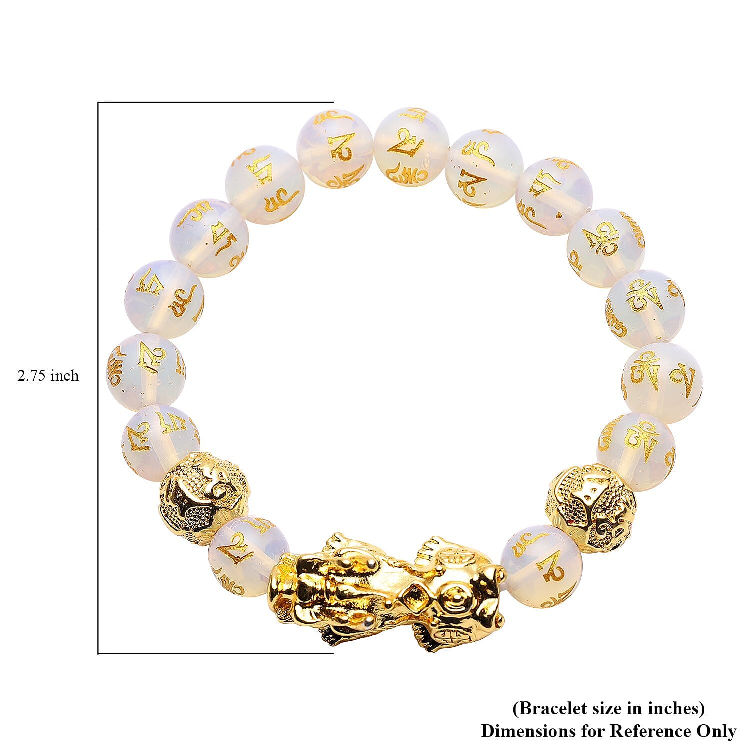 Feng Shui Opalite Carved Beaded Pi Xiu Charm Stretch Bracelet in Goldtone 108.50 ctw