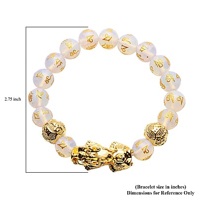Feng Shui Opalite Carved Beaded Pi Xiu Charm Stretch Bracelet in Goldtone 108.50 ctw