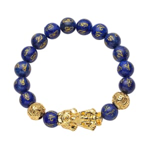 Feng Shui Pixiu Charm Lapis Lazuli Carved Beads Stretch Bracelet in Goldtone, Stretchable Bracelet, Good Luck Birthday Gift 128.00 ctw