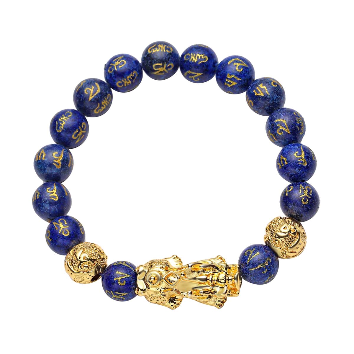 Feng Shui Pixiu Charm Lapis Lazuli Carved Beads Stretch Bracelet in Goldtone, Stretchable Bracelet, Good Luck Birthday Gift 128.00 ctw image number 0