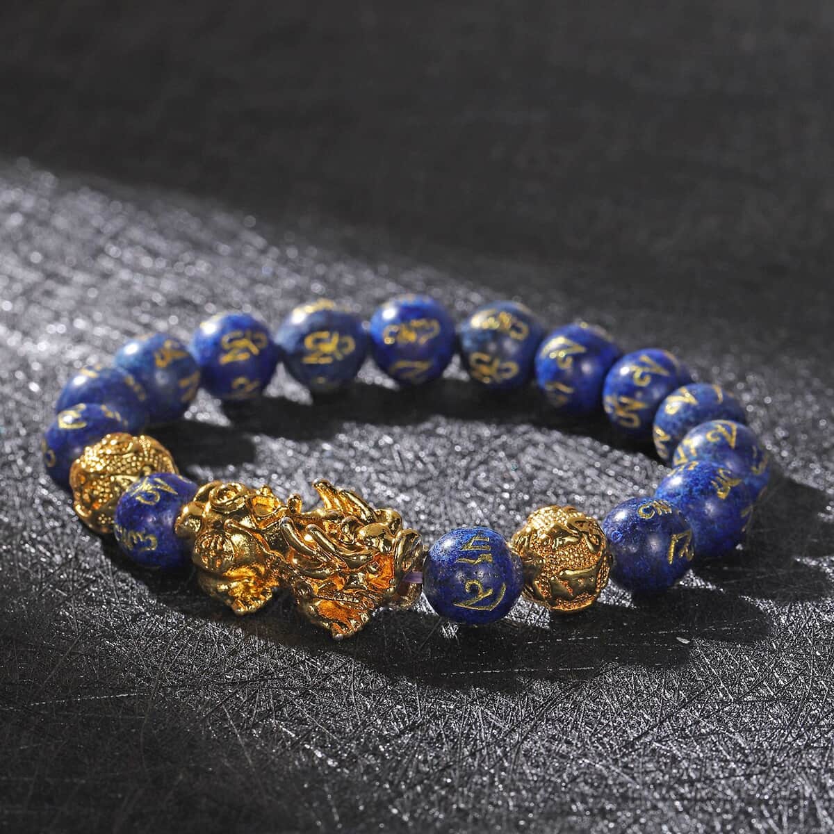 Feng Shui Pixiu Charm Lapis Lazuli Carved Beads Stretch Bracelet in Goldtone, Stretchable Bracelet, Good Luck Birthday Gift 128.00 ctw image number 1