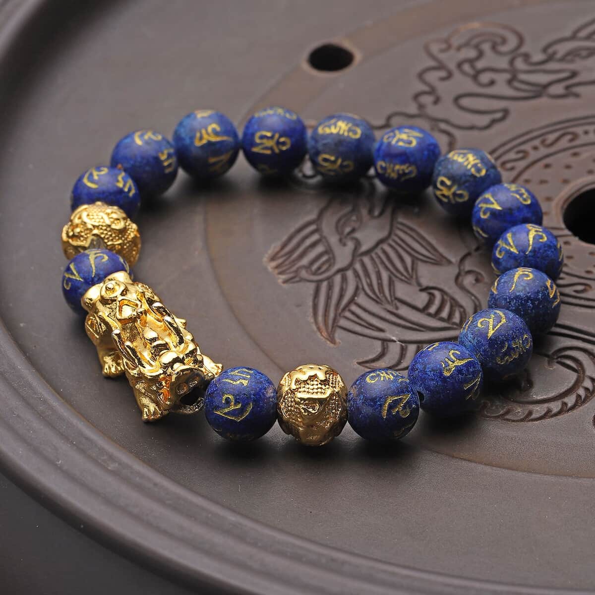 Feng Shui Pixiu Charm Lapis Lazuli Carved Beads Stretch Bracelet in Goldtone, Stretchable Bracelet, Good Luck Birthday Gift 128.00 ctw image number 2