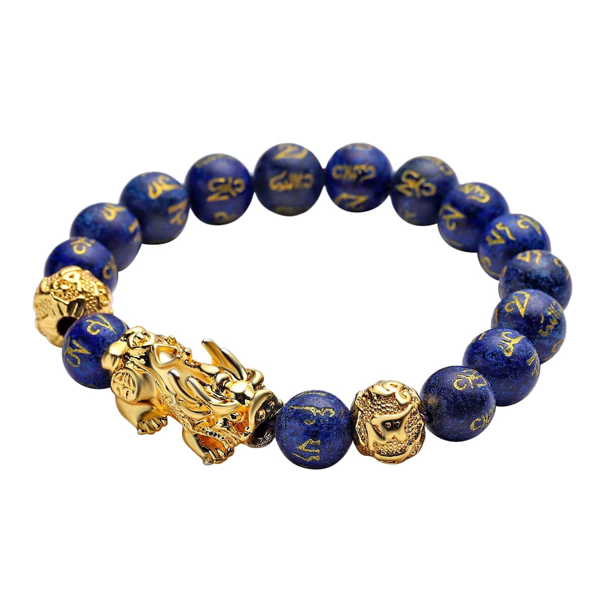 Feng Shui Pixiu Charm Lapis Lazuli Carved Beads Stretch Bracelet in Goldtone, Stretchable Bracelet, Good Luck Birthday Gift 128.00 ctw image number 3