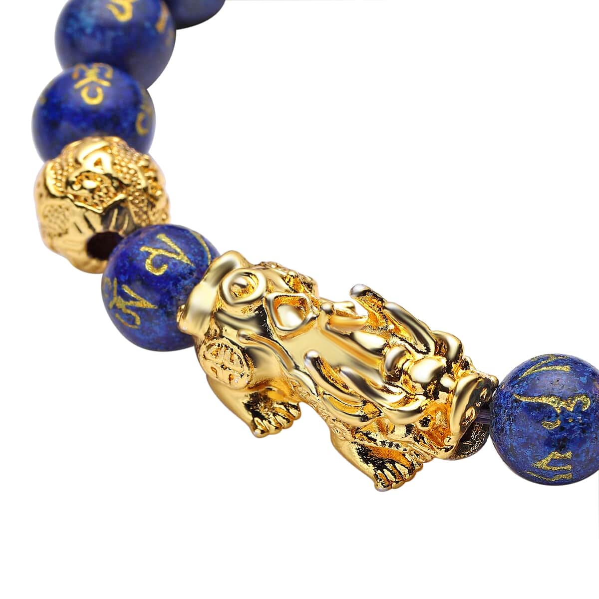 Feng Shui Pixiu Charm Lapis Lazuli Carved Beads Stretch Bracelet in Goldtone, Stretchable Bracelet, Good Luck Birthday Gift 128.00 ctw image number 4