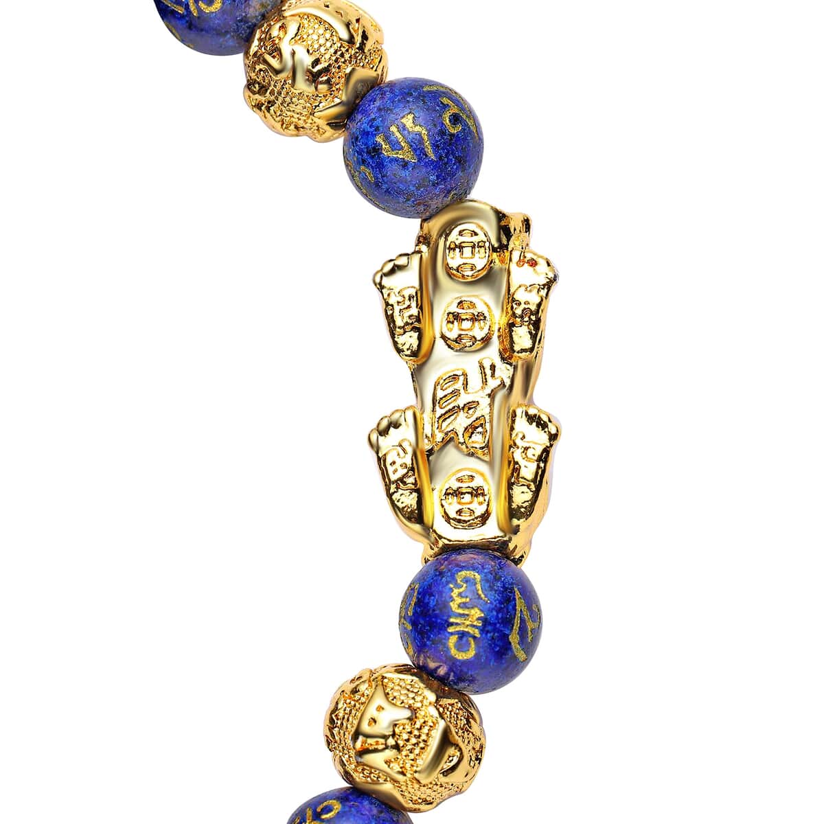 Feng Shui Pixiu Charm Lapis Lazuli Carved Beads Stretch Bracelet in Goldtone, Stretchable Bracelet, Good Luck Birthday Gift 128.00 ctw image number 5