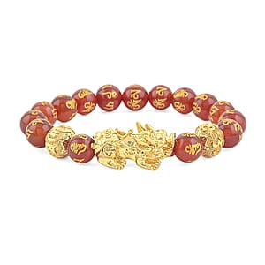Feng Shui Red Agate Carved Beaded Pi Xiu Charm Stretch Bracelet in Goldtone 115.00 ctw
