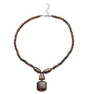 Yellow Tiger's Eye Beaded Necklace 18-20 Inches in Silvertone 182.00 ctw