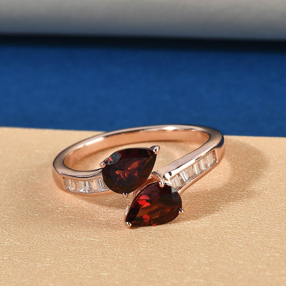 Mozambique Garnet, Natural White Zircon Bypass Ring in Vermeil RG Over Sterling Silver (Size 7.0) 2.15 ctw image number 1