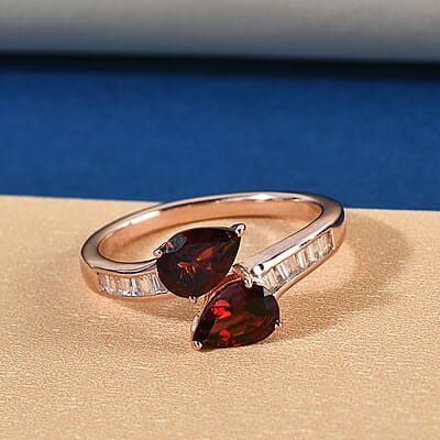 Mozambique Garnet and Natural White Zircon Snake Inspired Openable Band Ring in Vermeil Rose Gold Over Sterling Silver (Size 7.0) 2.15 ctw