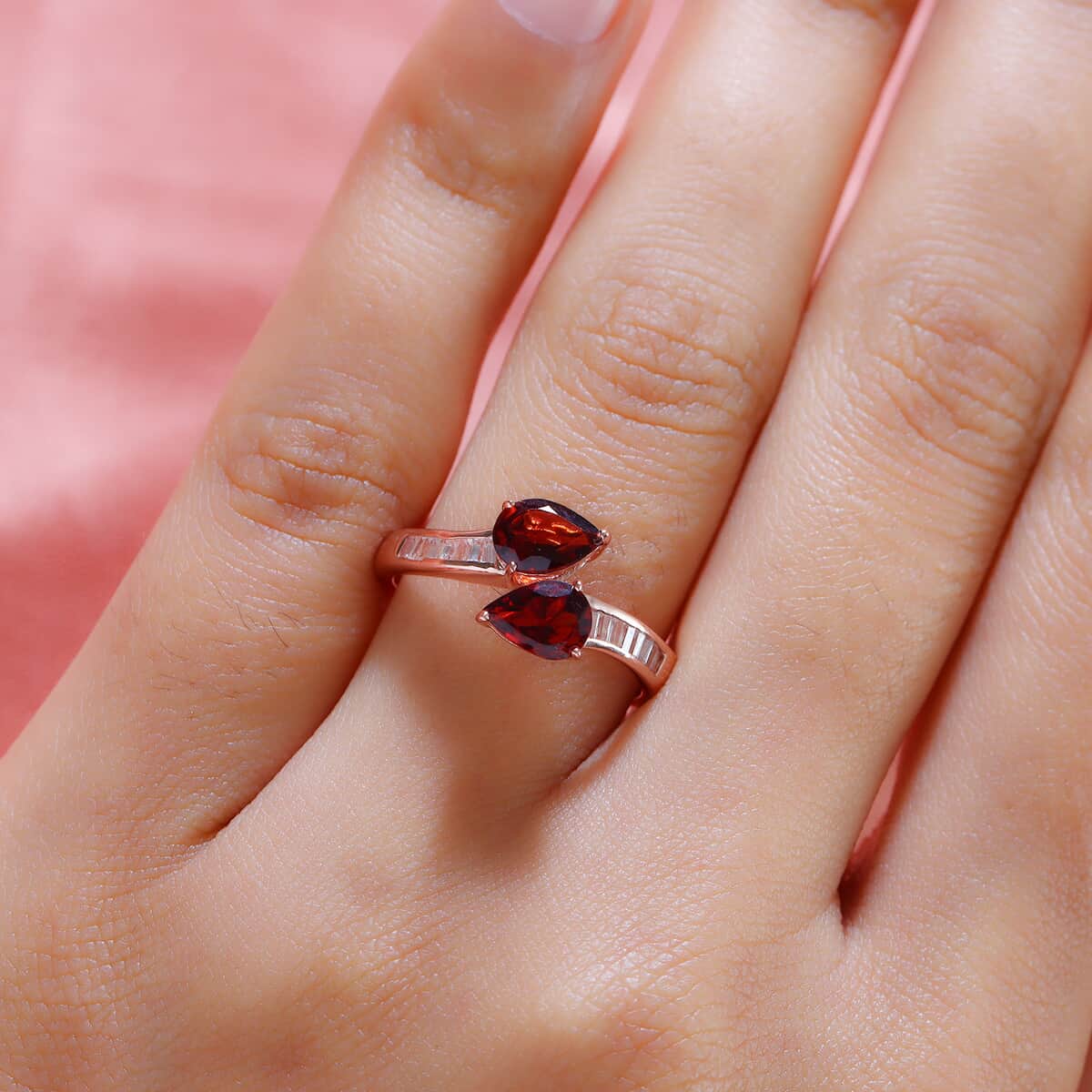 Mozambique Garnet, Natural White Zircon Bypass Ring in Vermeil RG Over Sterling Silver (Size 7.0) 2.15 ctw image number 2