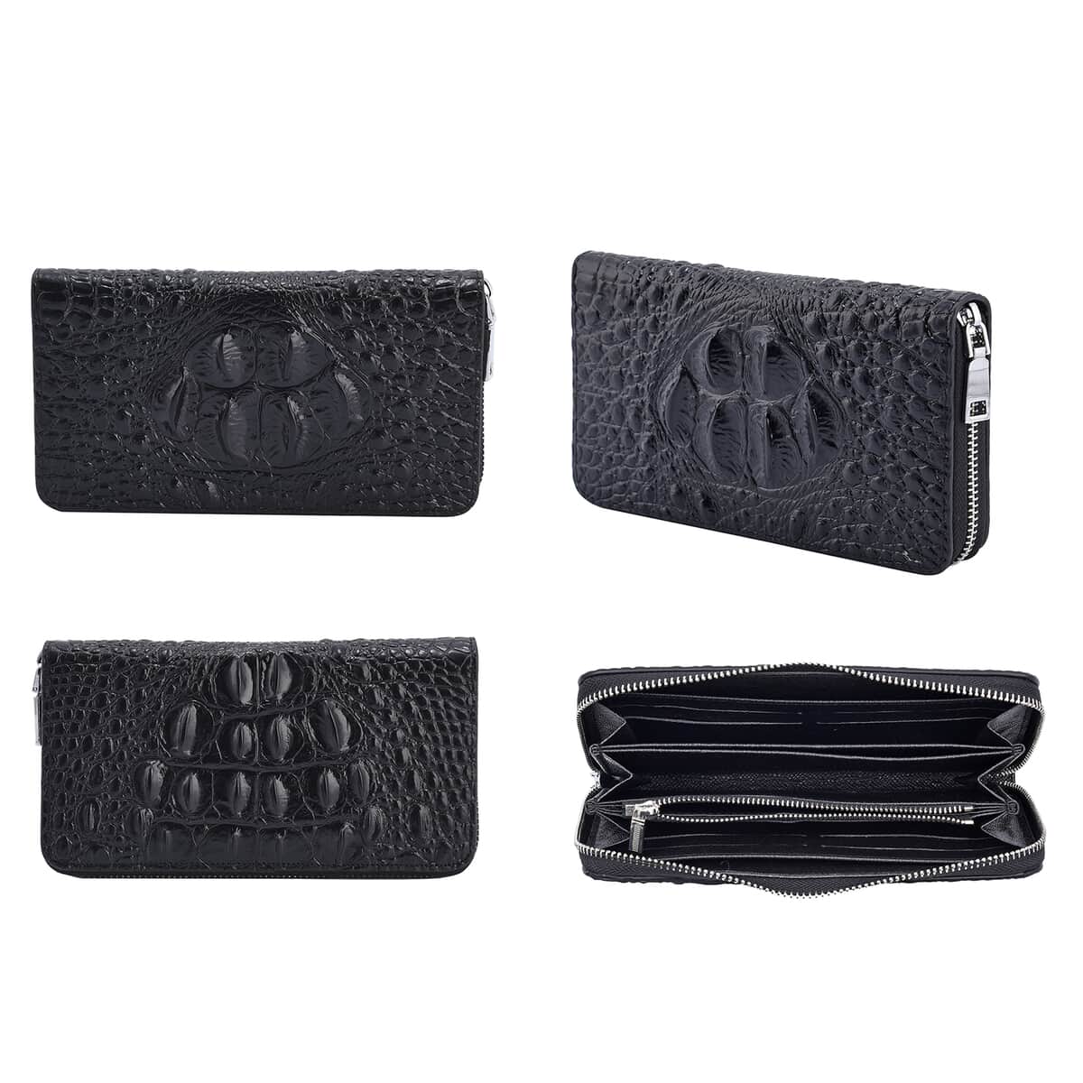 Black 3D Embossed Genuine Leather Wallet With Single Zipped image number 2