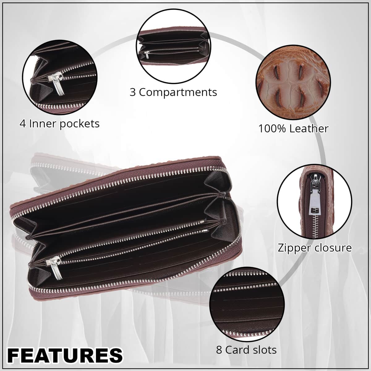 Black Croc Embossed Genuine Leather Wallet (8.3"x1.2"x4.7") with Single Zipped image number 1