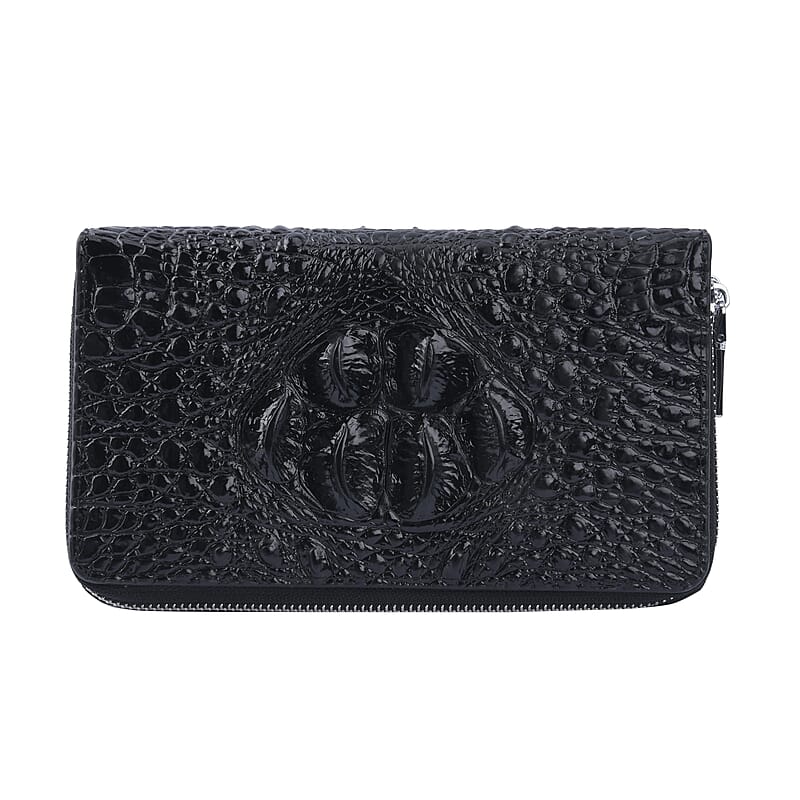 Black 3D Embossed Genuine Leather Wallet With Double Zipped