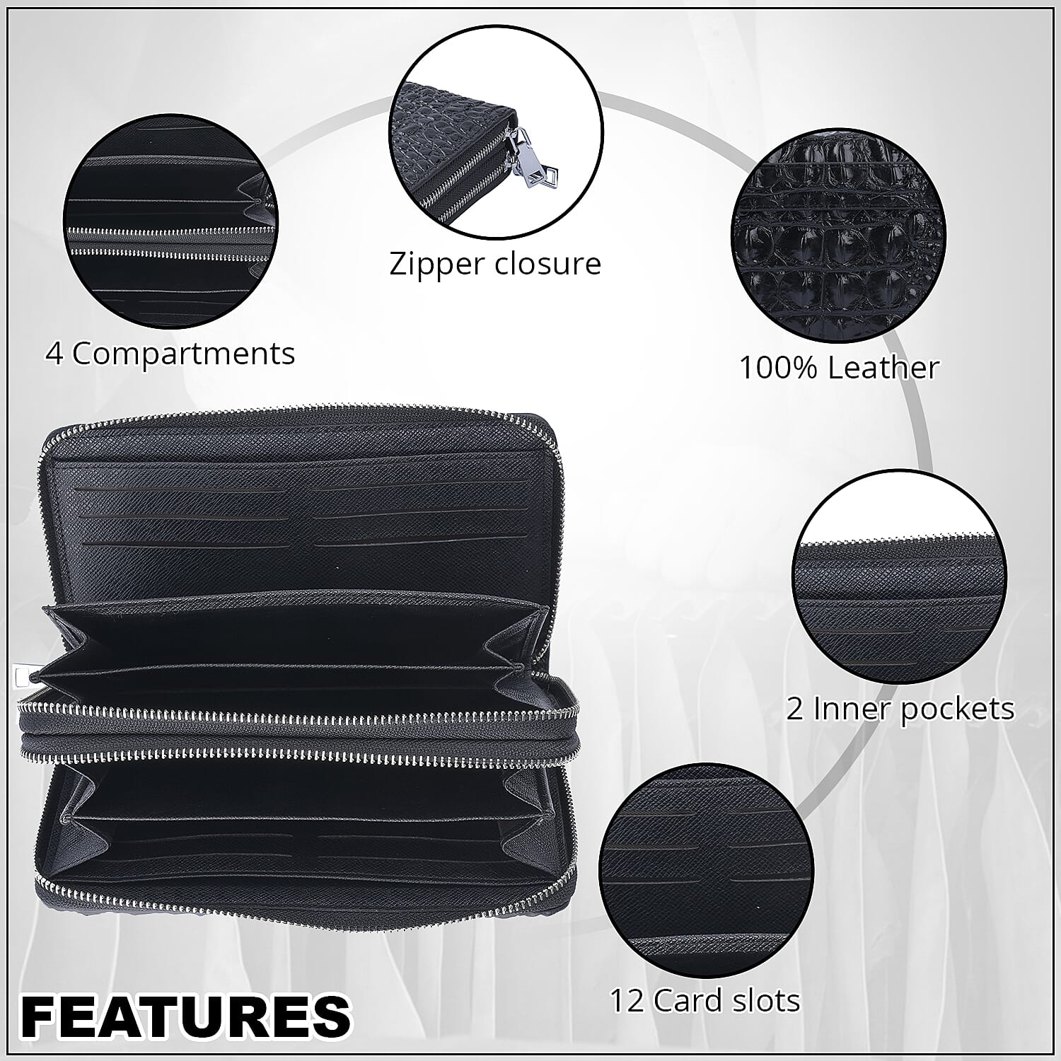 Black 3D Embossed Genuine Leather Wallet With Double Zipped