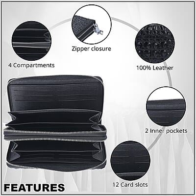 Black 3D Embossed Genuine Leather Wallet With Double Zipped