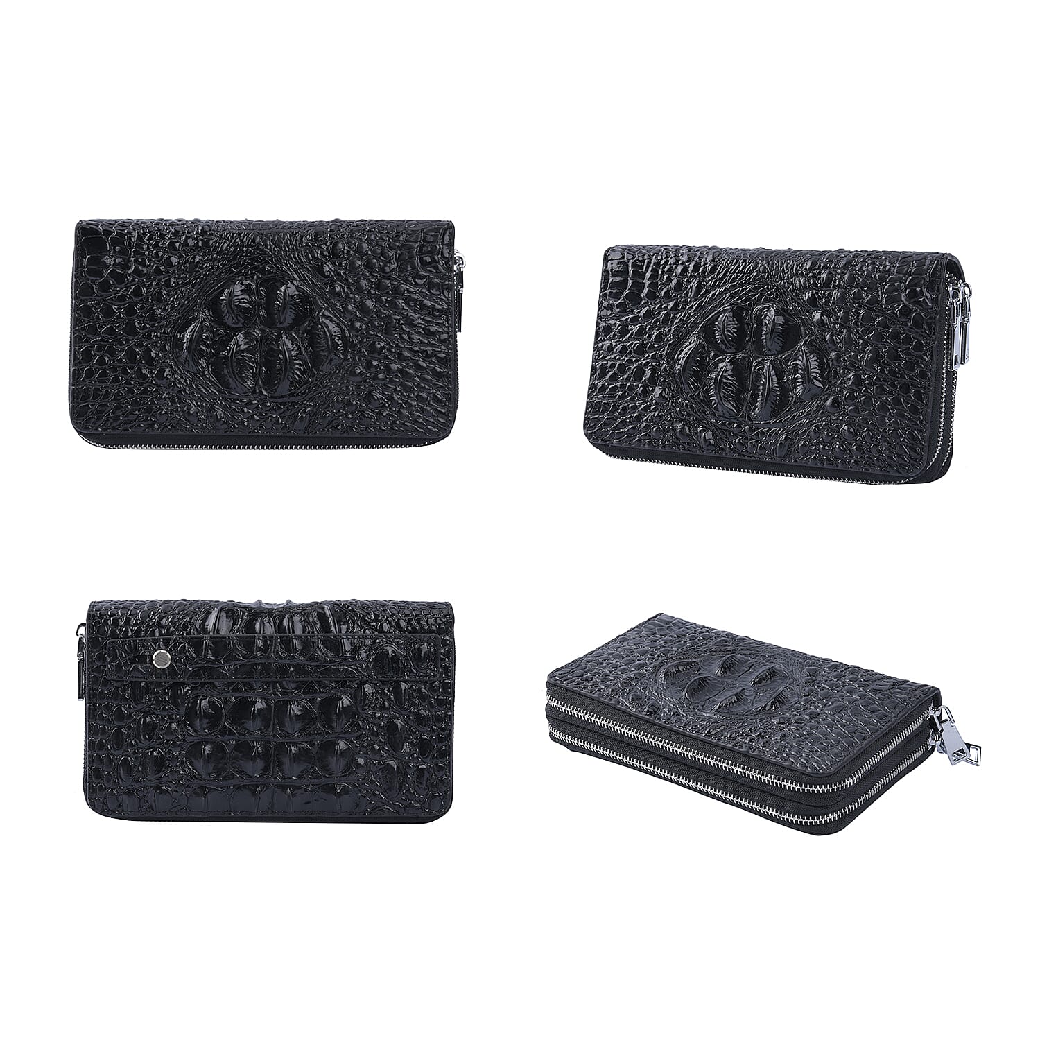 Black 3D Embossed Genuine Leather Wallet With Double Zipped