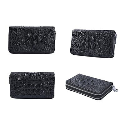 Black 3D Embossed Genuine Leather Wallet With Double Zipped