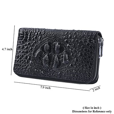 Black 3D Embossed Genuine Leather Wallet With Double Zipped