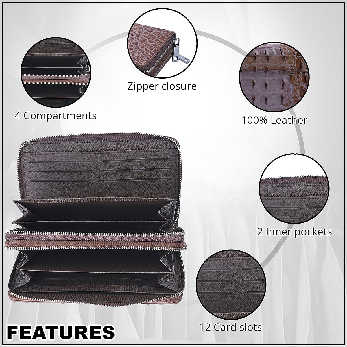 Light Brown 3D Embossed Genuine Leather Wallet With Double Zipped image number 1