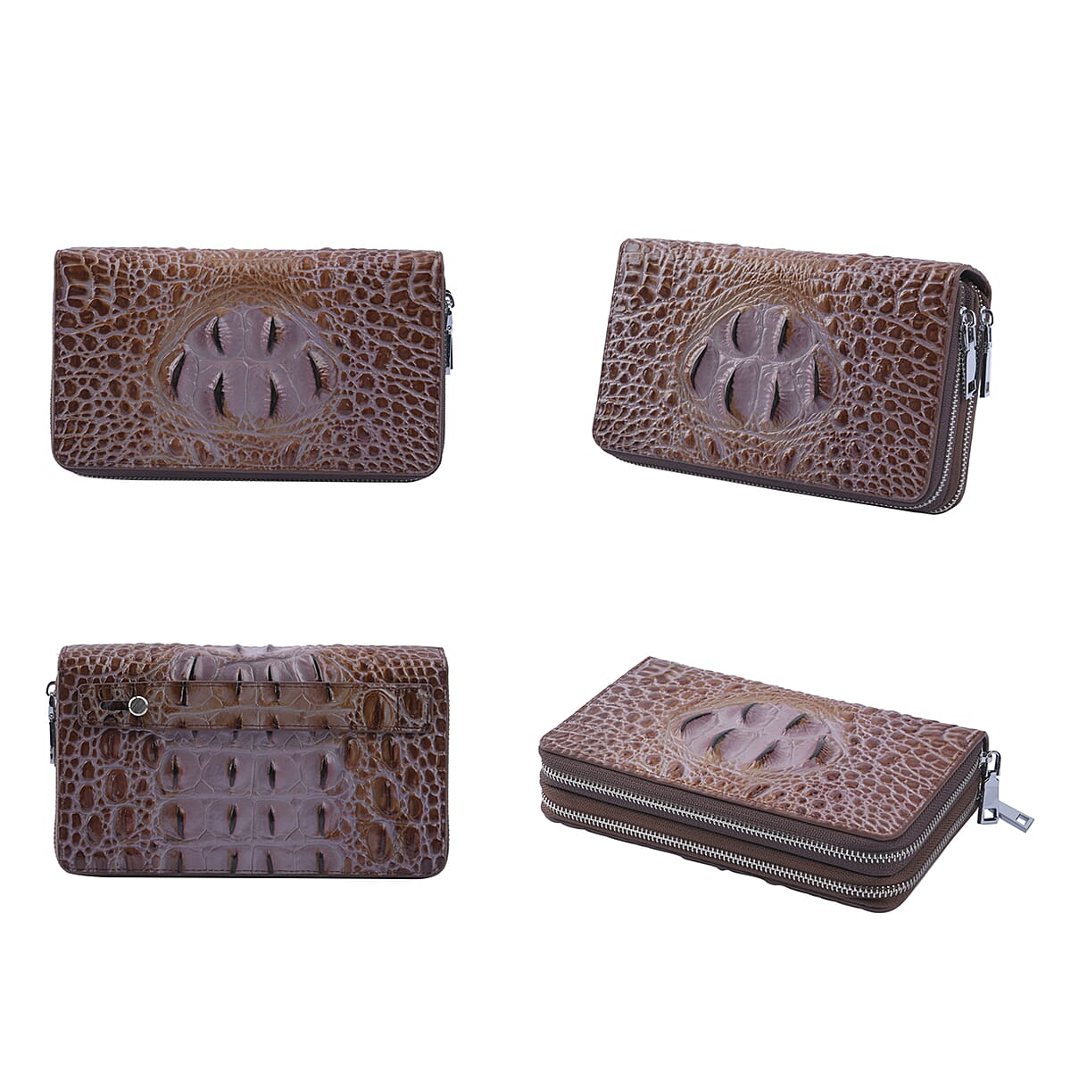 Light Brown 3D Embossed Genuine Leather Wallet With Double Zipped image number 2