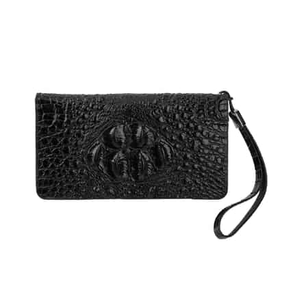 Black 3D Embossed Genuine Leather Wallet With Single Zipped and Wristlet image number 0