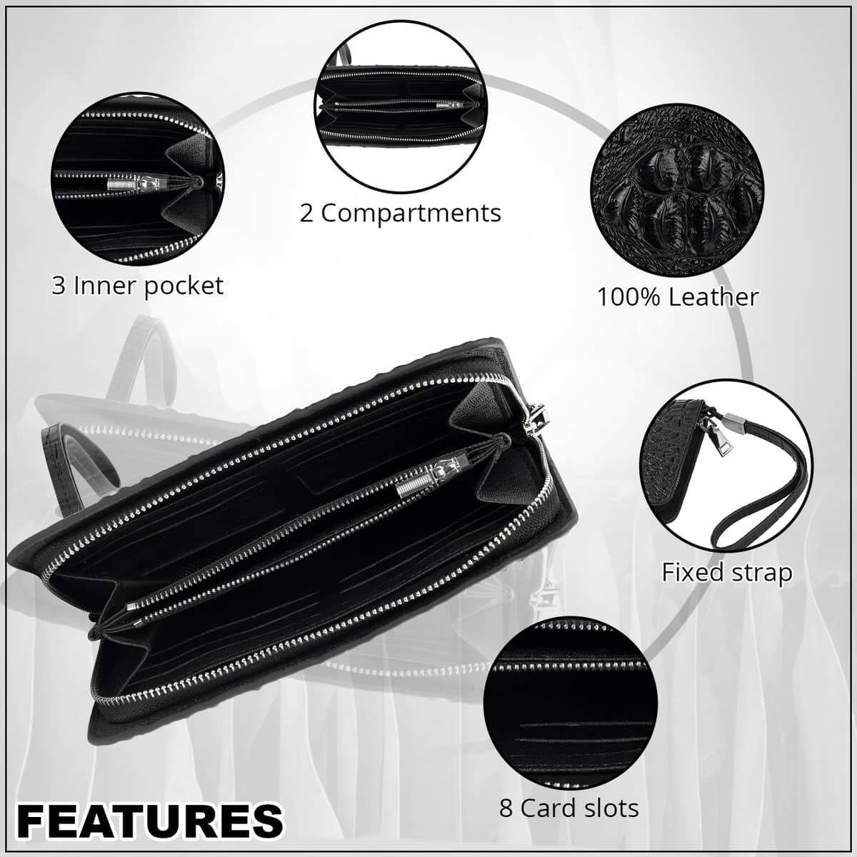 Black 3D Embossed Genuine Leather Wallet With Single Zipped and Wristlet image number 1