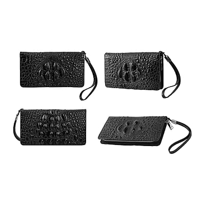 Black 3D Embossed Genuine Leather Wallet With Single Zipped and Wristlet