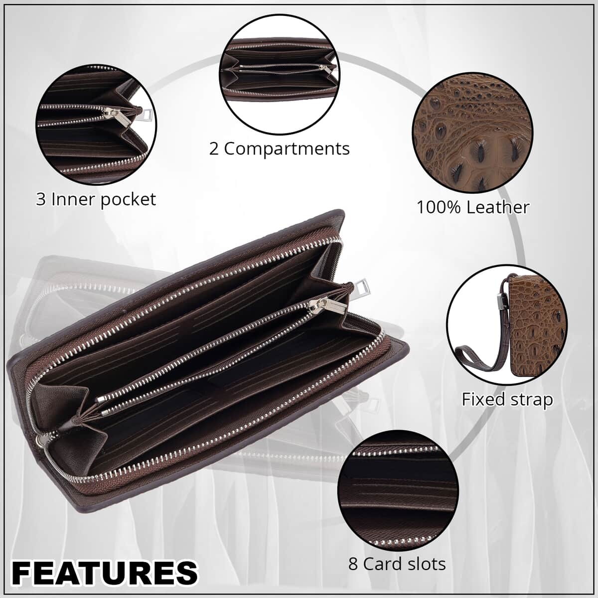 Dark Brown 3D Embossed Genuine Leather Wallet With Single Zipped and Wristlet image number 1