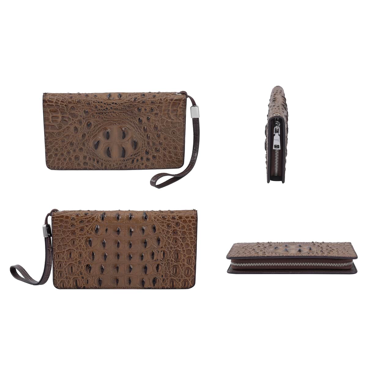 Dark Brown 3D Embossed Genuine Leather Wallet With Single Zipped and Wristlet image number 2