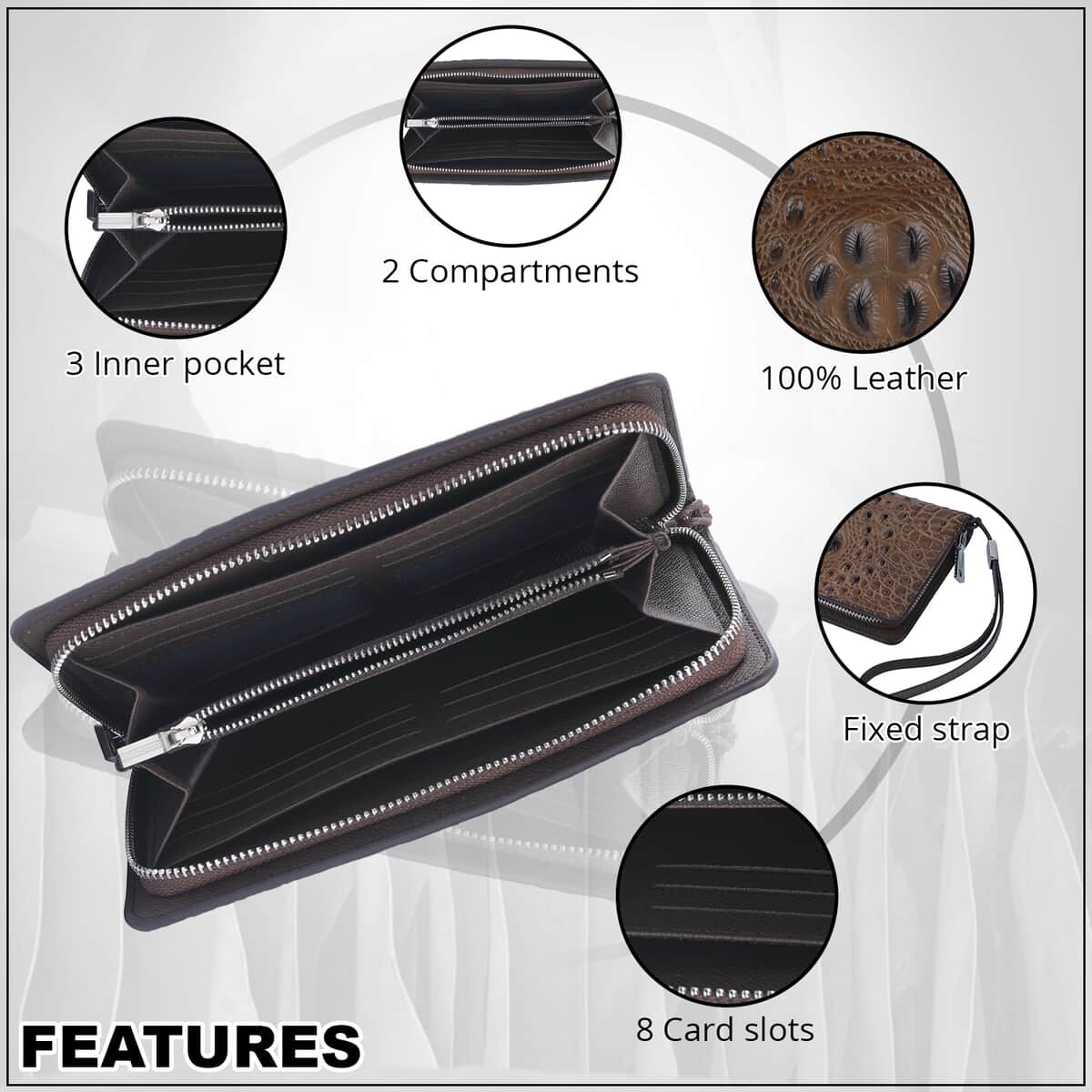Coffee 3D Embossed Genuine Leather Wallet With Single Zipped and Wristlet image number 1