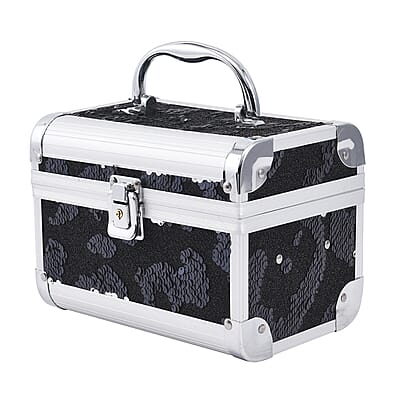Black and Silver 2 Layer Jewelry Organizer with Sequin Surface, Inside Mirror, Handle and Metallic Lock with Key 